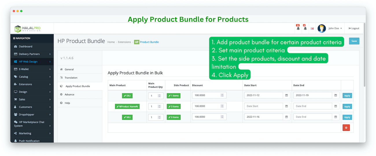 apply product bundle for many product at once on opencart